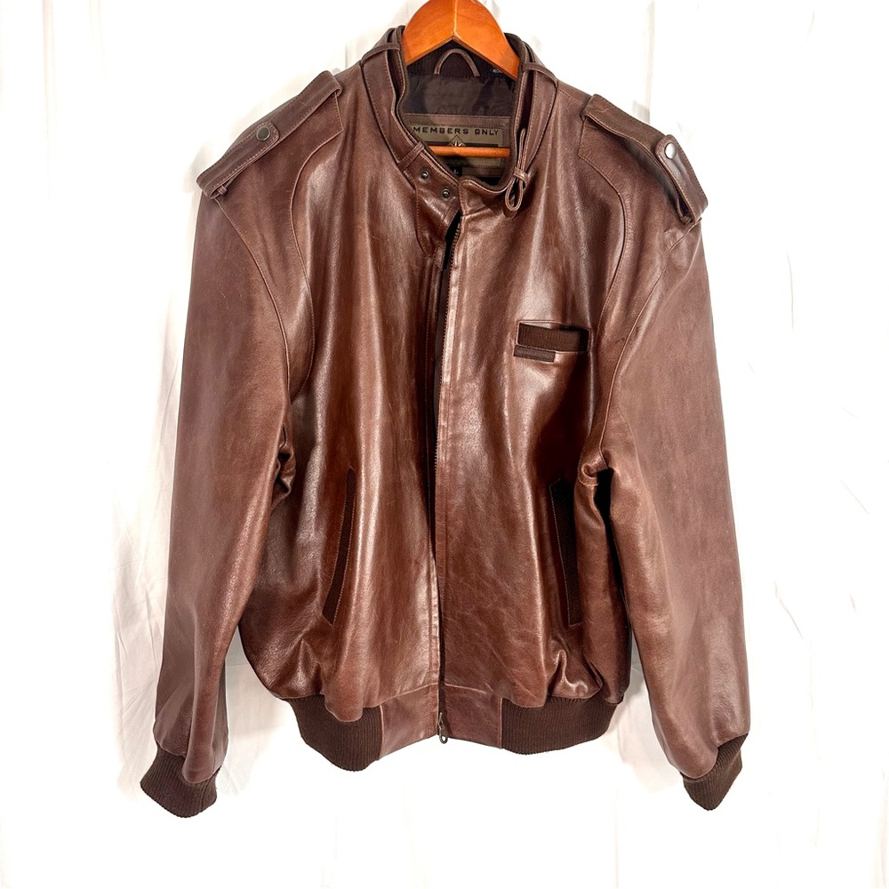 Member’s Only Vintage Leather Bomber Jacket Rare Collar Strap Men’s Large Brown
